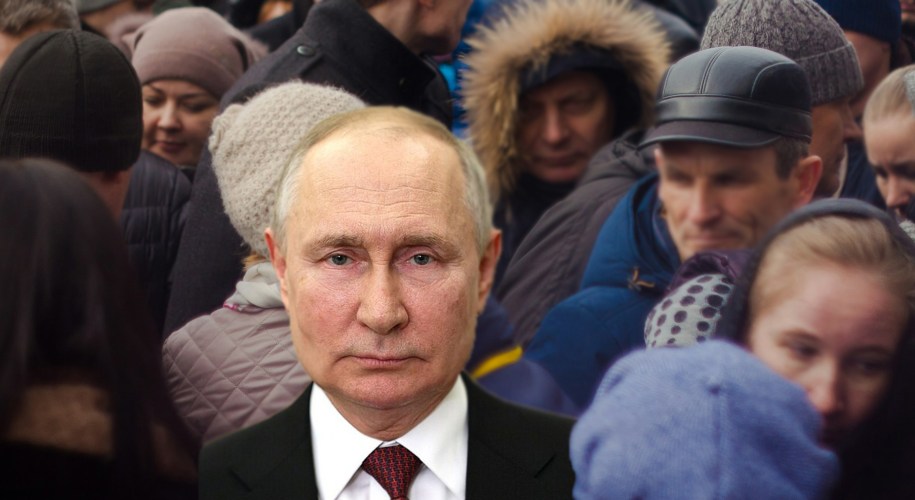 Photo de foule par Anton Kraev / Portrait officiel de Vladimir Putin 2024 / Montage Cécile Faure