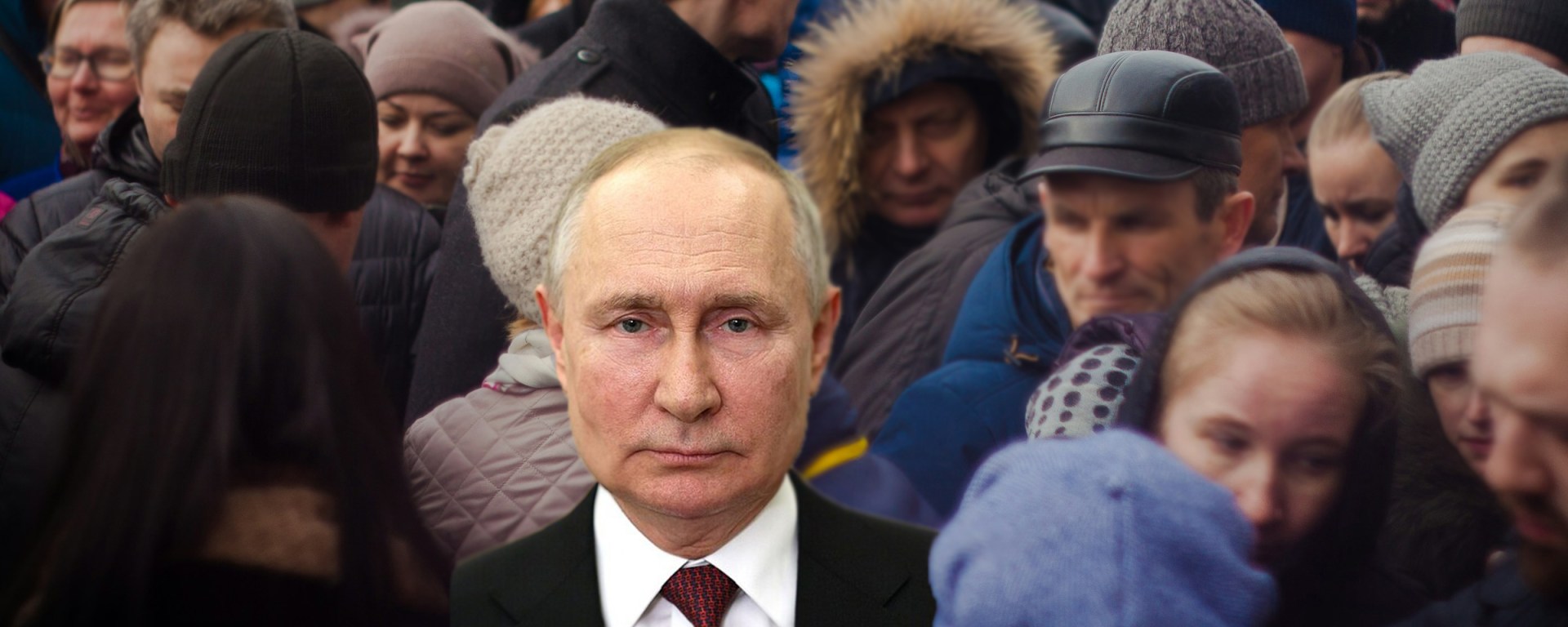 Photo de foule par Anton Kraev / Portrait officiel de Vladimir Putin 2024 / Montage Cécile Faure