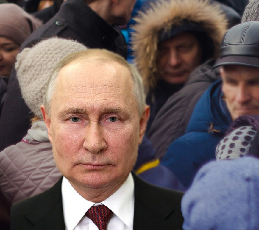 Photo de foule par Anton Kraev / Portrait officiel de Vladimir Putin 2024 / Montage Cécile Faure